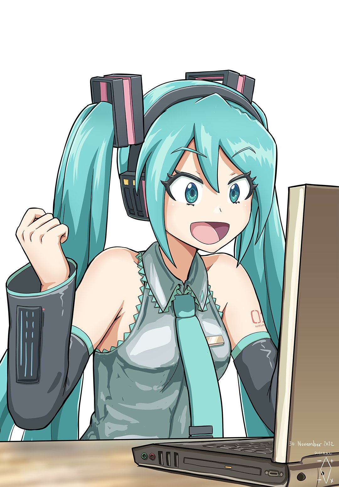 1girl :d aqua_eyes aqua_hair aqua_necktie bare_shoulders black_sleeves clenched_hand commentary computer detached_sleeves digiral english_commentary excited first_day_on_the_internet_kid_(meme) grey_shirt hair_ornament hands_up hatsune_miku headphones highres laptop long_hair meme necktie open_mouth shirt shoulder_tattoo sleeveless sleeveless_shirt smile solo tattoo twintails upper_body very_long_hair vocaloid white_background