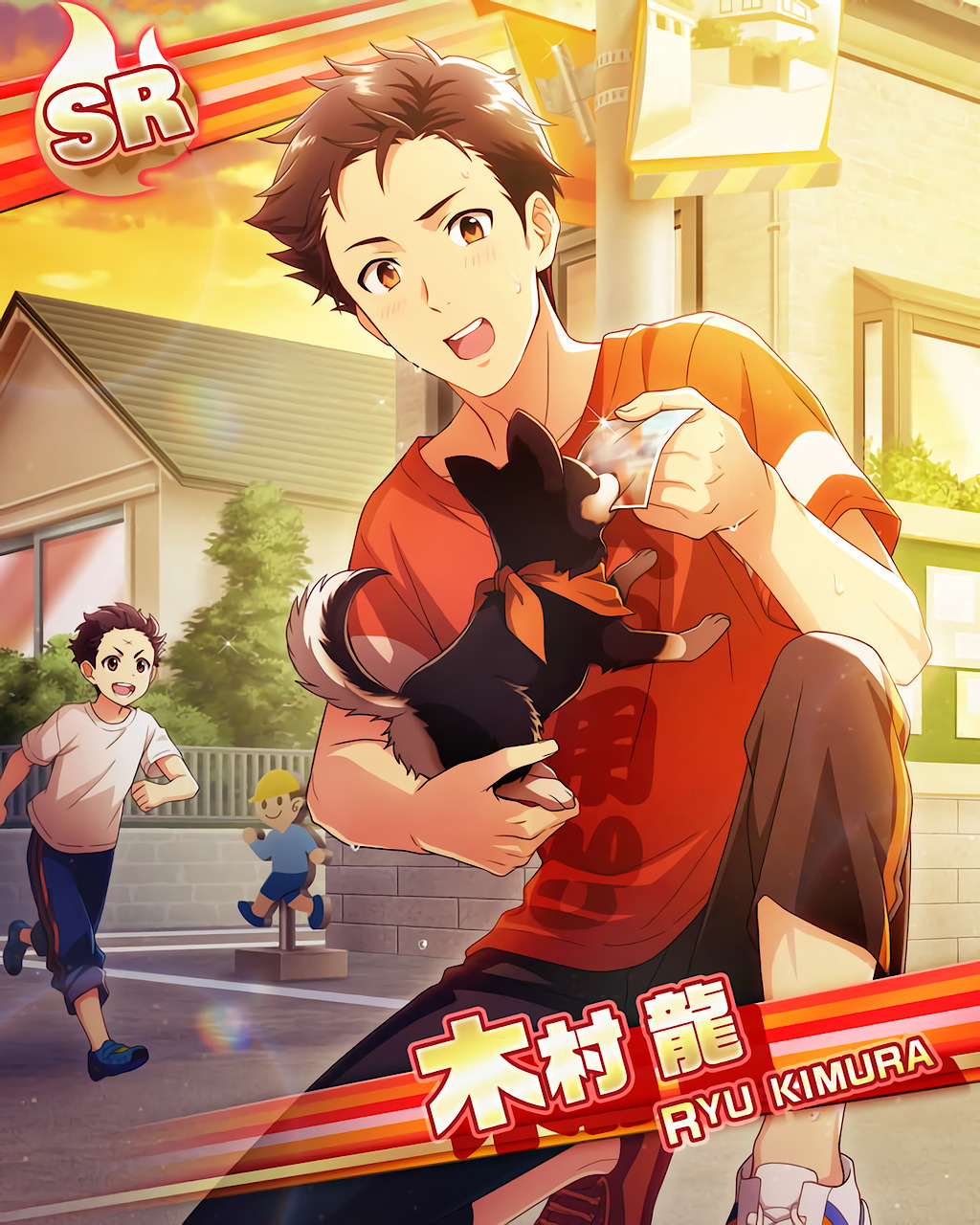 2boys animal animal_ears black_hair card_(medium) character_name dog dog_ears dog_tail fingernails glint highres holding holding_animal holding_dog idolmaster idolmaster_side-m john_(idolmaster) kimura_ryu kimura_ryu's_brother male_child male_focus multiple_boys official_art red_shirt shirt shoes smile sneakers sunset sweat tail teeth upper_teeth white_shirt