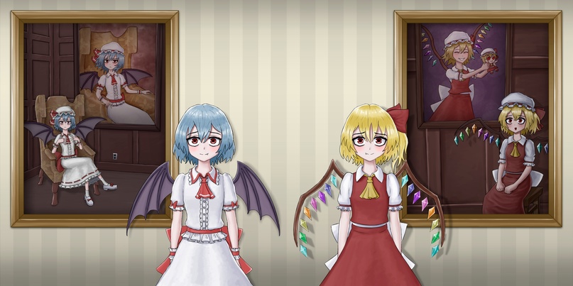 2girls ascot bat_wings blue_hair dress fang fang_out flandre_scarlet grummsed looking_at_viewer multiple_girls no_headwear painting_(object) puffy_short_sleeves puffy_sleeves recurring_image remilia_scarlet ribbon short_sleeves smile touhou wings wrist_cuffs
