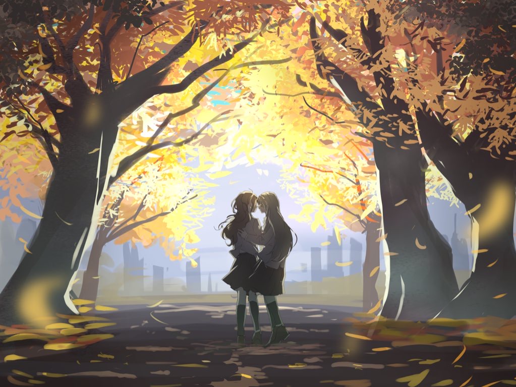 2girls autumn_leaves backlighting bang_dream! blazer blurry city depth_of_field falling_leaves from_behind hand_on_another's_back haneoka_school_uniform imai_lisa jacket leaf long_hair minato_yukina miniskirt multiple_girls pine_(pinepipp) school_uniform skirt standing tree yuri