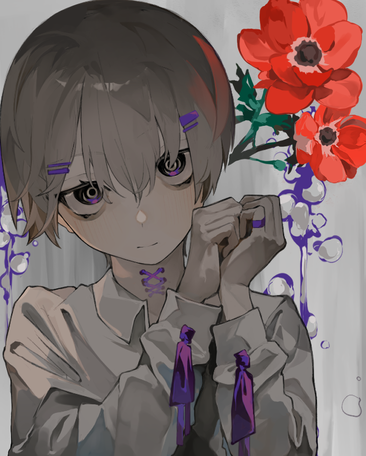 1boy bangs closed_mouth collared_shirt commentary_request flower grey_hair hair_between_eyes hair_ornament hairclip hands_up long_sleeves looking_at_viewer male_focus original red_flower ribbon sanpaku shirt short_hair solo toasu upper_body violet_eyes white_background white_shirt