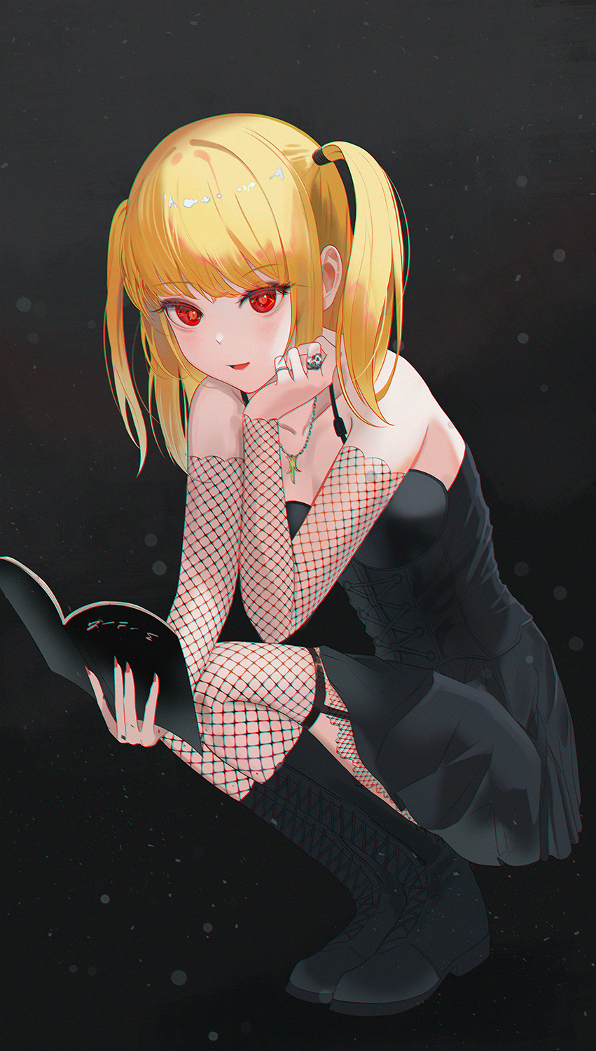 1girl amane_misa bangs black_background black_footwear black_skirt blonde_hair boots bustier death_note death_note_(object) detached_sleeves fishnet_sleeves from_side full_body highres holding iino_(isnyong) jewelry knee_boots long_hair long_sleeves miniskirt nail_polish pleated_skirt red_eyes red_nails ring shiny shiny_hair skirt solo squatting twintails