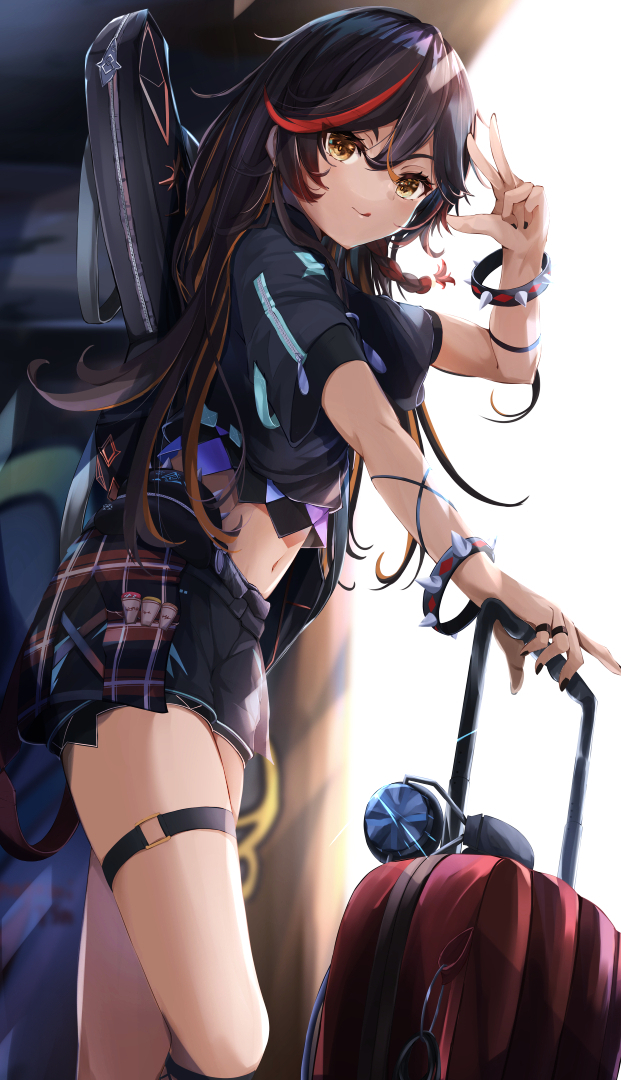 1girl :q alternate_costume arm_strap arm_up backlighting bangs black_hair black_nails black_shirt black_shorts blurry blurry_background bracelet brown_eyes brown_hair chinese_commentary commentary contemporary crop_top crossed_bangs from_side genshin_impact guitar_case instrument_case instrument_on_back jewelry leg_up long_hair looking_at_viewer multicolored_hair multiple_rings nagominagon nail_polish navel redhead ring shirt short_shorts short_sleeves shorts solo spiked_bracelet spikes standing standing_on_one_leg streaked_hair suitcase thigh_strap thighs tongue tongue_out w xinyan_(genshin_impact)