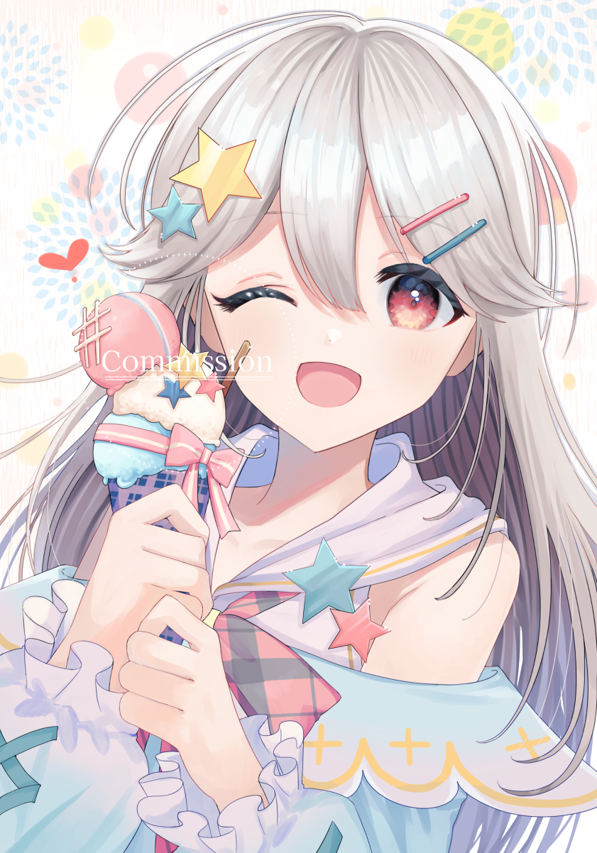 1girl :d bangs blush commission commission_watermark food frilled_sleeves frills grey_hair hair_ornament hairclip hashtag heart highres ice_cream ice_cream_cone komoe_(hinagatu) long_hair long_sleeves looking_at_viewer off-shoulder_shirt off_shoulder one_eye_closed open_mouth original pink_eyes plaid plaid_shirt ribbon shirt smile solo star_(symbol) star_hair_ornament triple_scoop watermark