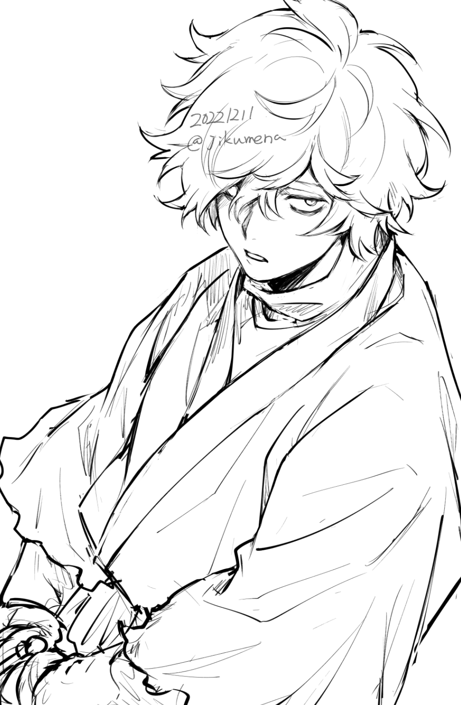 1boy bangs curly_hair dated gabimaru greyscale hair_over_one_eye highres jigokuraku looking_at_viewer monochrome robe short_hair simple_background solo torn_clothes twitter_username ushi_424 white_background white_hair white_robe