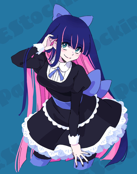 1girl adjusting_hair bangs black_dress black_nails blue_background blue_bow blue_hair blue_ribbon blunt_bangs bow breasts character_name closed_mouth colored_inner_hair commentary cowboy_shot dress frilled_dress frills green_eyes hair_bow hand_up head_tilt juliet_sleeves long_hair long_sleeves looking_at_viewer looking_up medium_breasts multicolored_hair neck_ribbon panty_&amp;_stocking_with_garterbelt pantyhose pink_hair puffy_sleeves ribbon rioco smile solo standing stocking_(psg) streaked_hair striped striped_thighhighs thigh-highs two-tone_hair very_long_hair