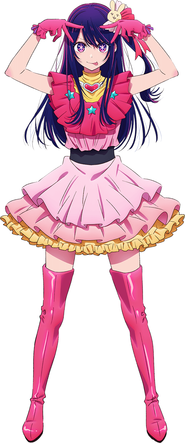 1girl arms_up bangs black_shirt boots brooch closed_mouth double_v frilled_gloves frilled_shirt frilled_skirt frilled_sleeves frills full_body furrowed_brow gloves hair_between_eyes heart heart_brooch heart_wings highres hoshino_ai_(oshi_no_ko) idol_clothes jewelry long_hair looking_at_viewer messy_hair official_art one_side_up oshi_no_ko outline pink_footwear pink_gloves pink_outline pink_shirt pleated_skirt purple_hair shiny shiny_clothes shiny_skin shirt short_sleeves skirt solo star_(symbol) star_in_eye symbol_in_eye tachi-e thigh_boots tongue tongue_out turtleneck v violet_eyes wings yellow_shirt yokoyari_mengo_(style) zettai_ryouiki