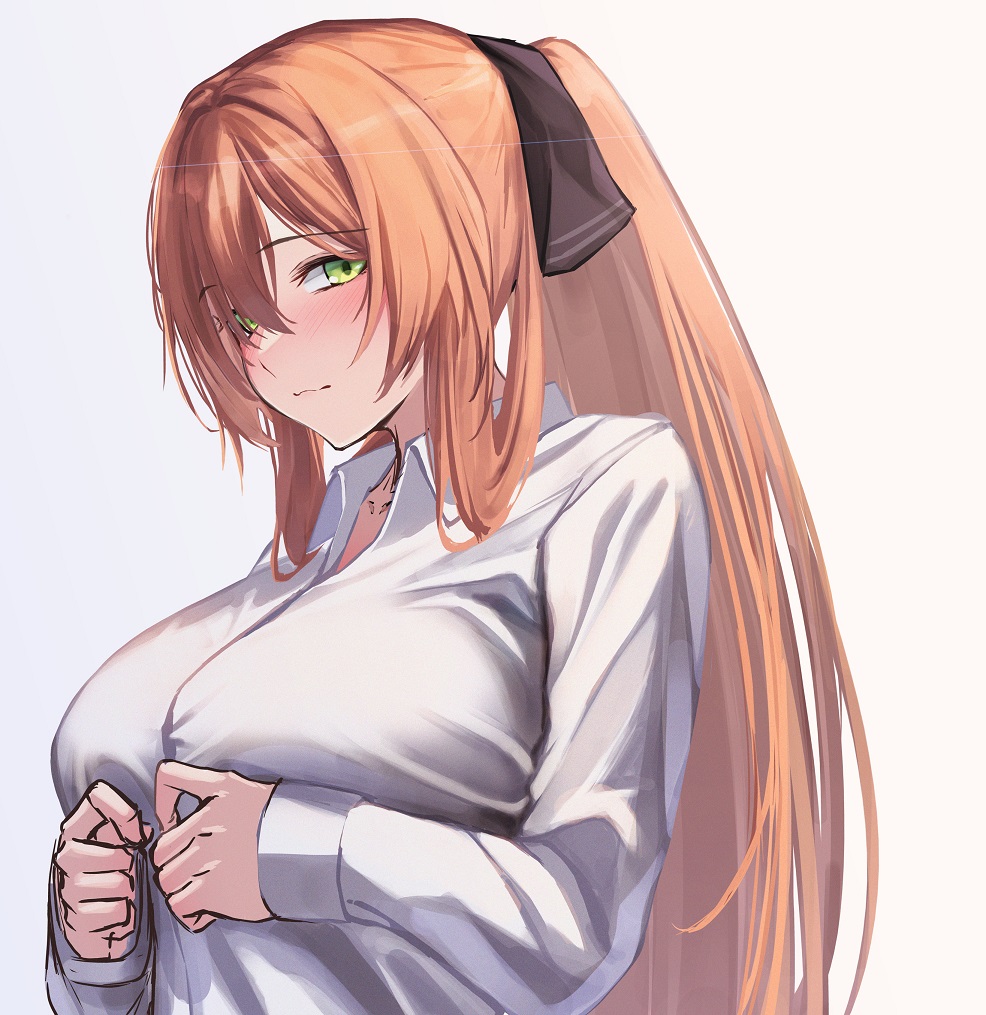 1girl 3_small_spiders arms_under_breasts breasts brown_hair buttons collared_shirt girls_frontline green_eyes hair_between_eyes hair_rings large_breasts long_hair long_sleeves ponytail shirt sidelocks springfield_(girls'_frontline) upper_body white_background white_shirt