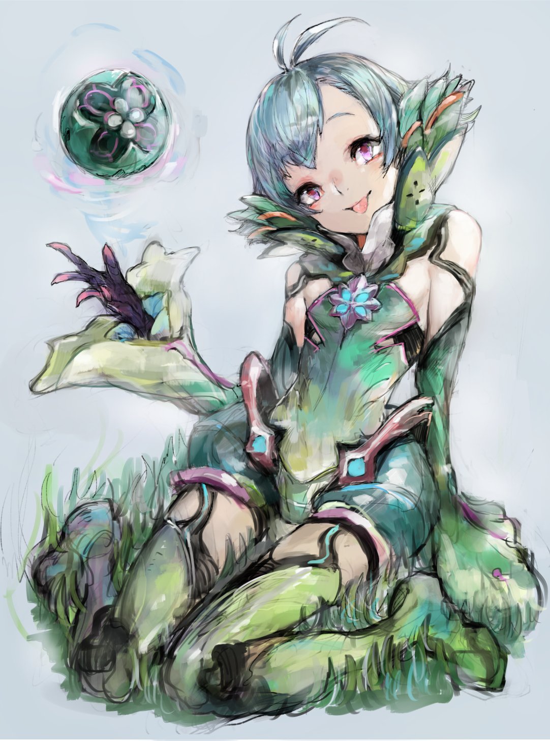 1boy ahoge bangs bare_shoulders boots closed_mouth drone floren_(xenoblade) full_body gloves grass green_footwear green_gloves green_hair green_leotard green_sleeves grey_background highres leotard looking_at_viewer mogtachi otoko_no_ko pink_eyes short_hair simple_background sitting smile solo thigh_boots tongue tongue_out traditional_media wariza xenoblade_chronicles_(series) xenoblade_chronicles_2