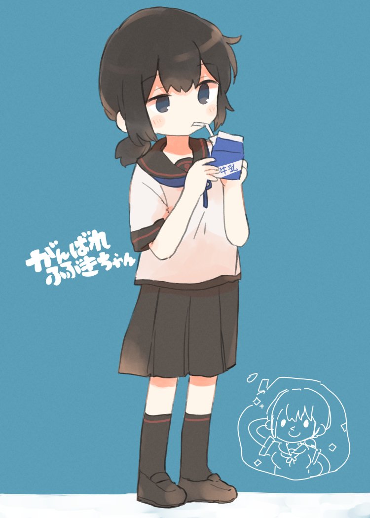 1girl black_footwear black_hair black_sailor_collar black_skirt black_sleeves black_socks blue_background blue_neckerchief drinking drinking_straw fubuki_(kancolle) green_eyes half-closed_eyes imagining ina_(1813576) kantai_collection low_ponytail milk milk_carton neckerchief ponytail sailor_collar school_uniform serafuku shirt shoes simple_background skirt smile socks