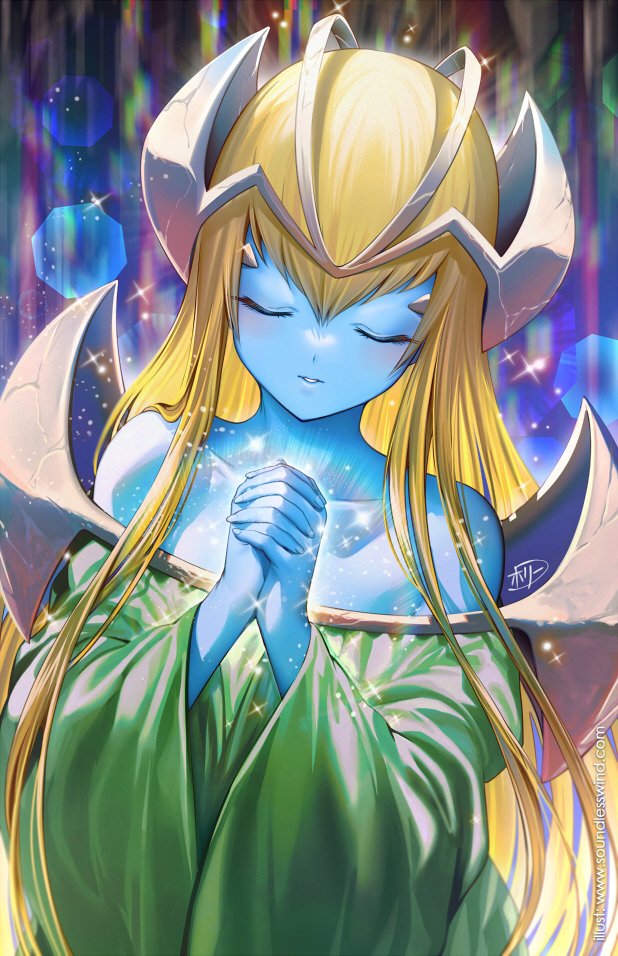 1girl bangs bare_shoulders blonde_hair blue_skin blush closed_eyes collarbone colored_skin dress duel_monster elf english_commentary fingernails green_dress hair_ornament hands_up headpiece kaze-hime long_hair mystical_elf off-shoulder_dress off_shoulder own_hands_together parted_lips pointy_ears praying solo wide_sleeves yu-gi-oh!