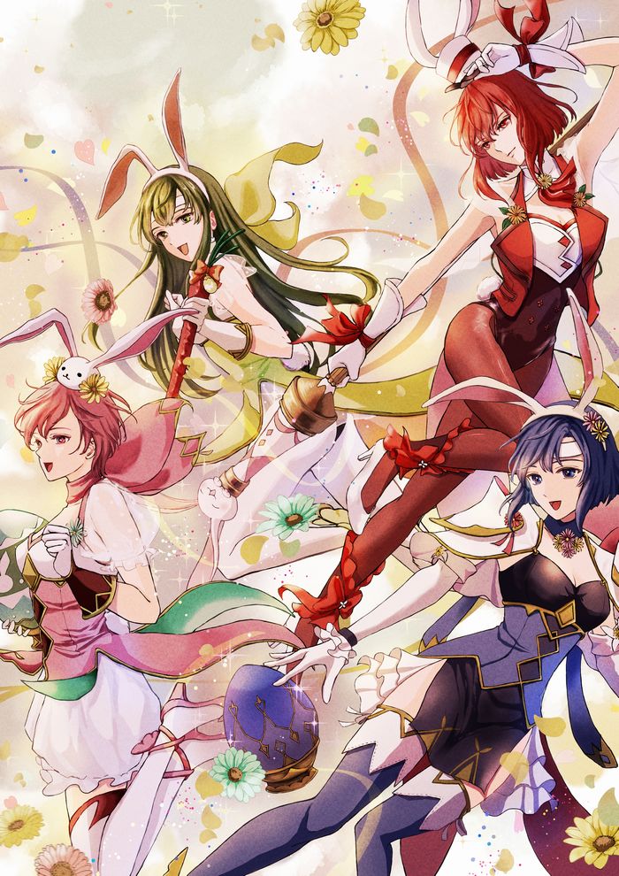 4girls animal_ears armor bangs blue_eyes blue_hair boots breasts catria_(fire_emblem) easter easter_egg egg elbow_gloves est_(fire_emblem) fire_emblem fire_emblem:_mystery_of_the_emblem fire_emblem:_new_mystery_of_the_emblem fire_emblem:_shadow_dragon fire_emblem:_shadow_dragon_and_the_blade_of_light fire_emblem_heroes flower full_body gloves green_eyes green_hair headband high_heels holding holding_polearm holding_weapon long_hair minerva_(fire_emblem) multiple_girls official_alternate_costume open_mouth palla_(fire_emblem) pauldrons pink_eyes pink_hair playboy_bunny polearm rabbit_ears red_eyes red_ribbon redhead ribbon short_hair shoulder_armor siblings sisters skin_tight smile thigh-highs thigh_boots weapon white_headband yori_ilrosso