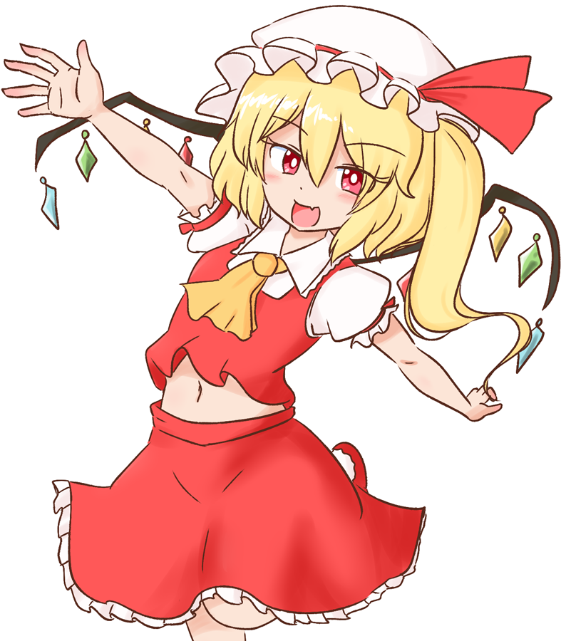 1girl :d ascot bright_pupils crystal fang flandre_scarlet hat hat_ribbon looking_at_viewer mizusoba mob_cap navel one_side_up open_mouth red_eyes red_ribbon red_skirt red_vest ribbon shirt short_sleeves simple_background skin_fang skirt smile solo touhou vest white_background white_headwear white_pupils white_shirt wings yellow_ascot