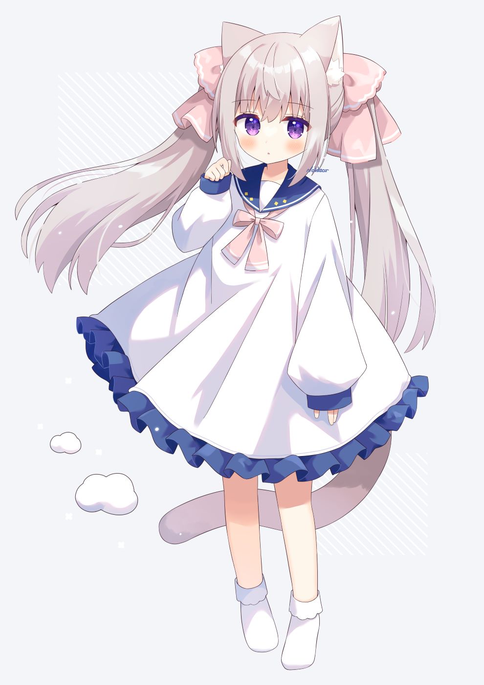 1girl :o animal_ears bangs blue_sailor_collar blush bobby_socks bow brown_hair cat_ears commentary_request diagonal_stripes dress frilled_dress frills full_body grey_background hair_between_eyes hair_bow hand_up highres long_hair long_sleeves looking_at_viewer nakkar no_shoes original parted_lips pink_bow puffy_long_sleeves puffy_sleeves sailor_collar sailor_dress sleeves_past_wrists socks solo standing striped striped_background twintails very_long_hair violet_eyes white_dress white_socks