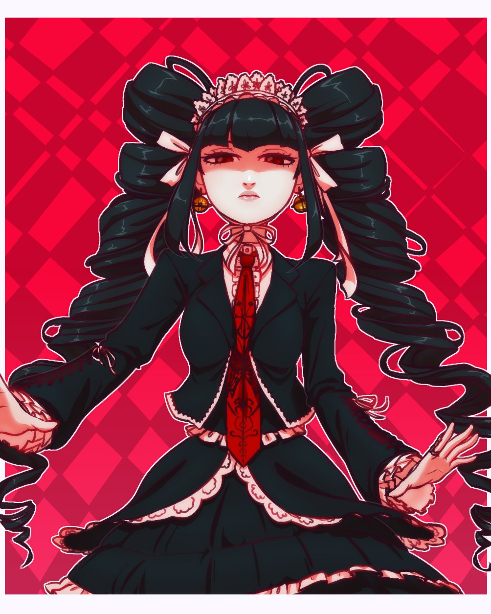 1girl bangs black_hair bonnet border celestia_ludenberg center_frills claw_ring collared_shirt danganronpa:_trigger_happy_havoc danganronpa_(series) drill_hair earrings erlin_009 frills frown gothic_lolita highres jacket jewelry layered_skirt lolita_fashion long_hair long_sleeves looking_at_viewer necktie outline print_necktie red_background red_eyes red_necktie shiny shiny_hair shirt skirt solo twin_drills twintails two-tone_background white_border white_outline