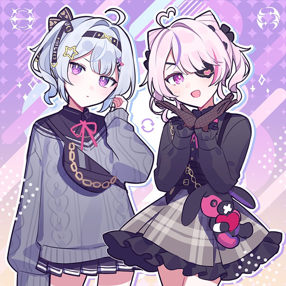 2girls :d ahoge bangs black_shirt blush bow buttons chain closed_mouth cowboy_shot eyepatch fishnet_gloves fishnets frilled_skirt frills gloves grey_hair hair_bow hair_intakes hair_ornament hairband hand_up hands_up head_tilt heart heart_ahoge heart_hair long_sleeves looking_at_viewer looking_away maria_marionette multiple_girls nijisanji nijisanji_en one_eye_covered open_mouth pink_eyes pink_hair plaid plaid_skirt pleated_skirt ribbon shirt sir_ventrilo_(maria_marionette) skirt sleeves_past_wrists smile standing star_(symbol) star_hair_ornament suspenders sweater violet_eyes virtual_youtuber waka_(wk4444) zaion_lanza
