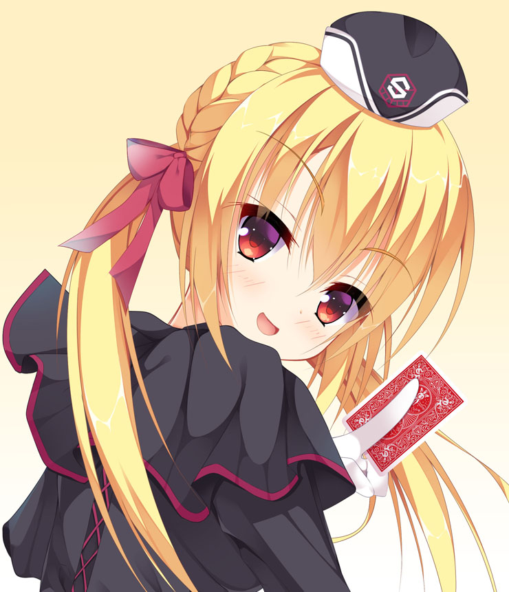 1girl arihara_nanami bangs beret black_capelet black_dress black_headwear blonde_hair blush bow braid capelet card doyagao dress eyebrows_hidden_by_hair eyelashes fringe_trim gloves gradient gradient_background grin hair_between_eyes hair_bow hair_ribbon hat head_tilt holding holding_card long_hair looking_at_viewer military military_uniform open_mouth red_bow red_eyes red_ribbon ribbon riddle_joker shrimp_3 sidelocks simple_background smile smug solo twin_braids twintails uniform white_gloves yuzu-soft