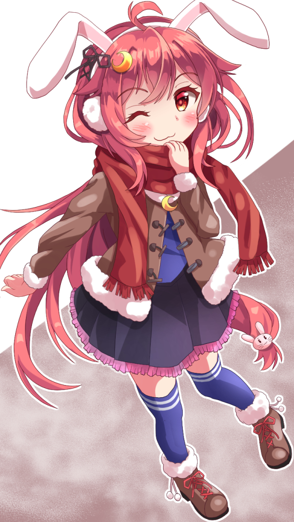 1girl animal_ears black_skirt blue_thighhighs blush boots brown_footwear brown_jacket closed_mouth crescent crescent_hair_ornament earmuffs fake_animal_ears fringe_trim full_body hair_ornament jacket kantai_collection long_hair long_sleeves one_eye_closed open_clothes open_jacket pink_hair pleated_skirt rabbit_ears red_eyes red_scarf scarf sills skirt smile solo thigh-highs uzuki_(kancolle)