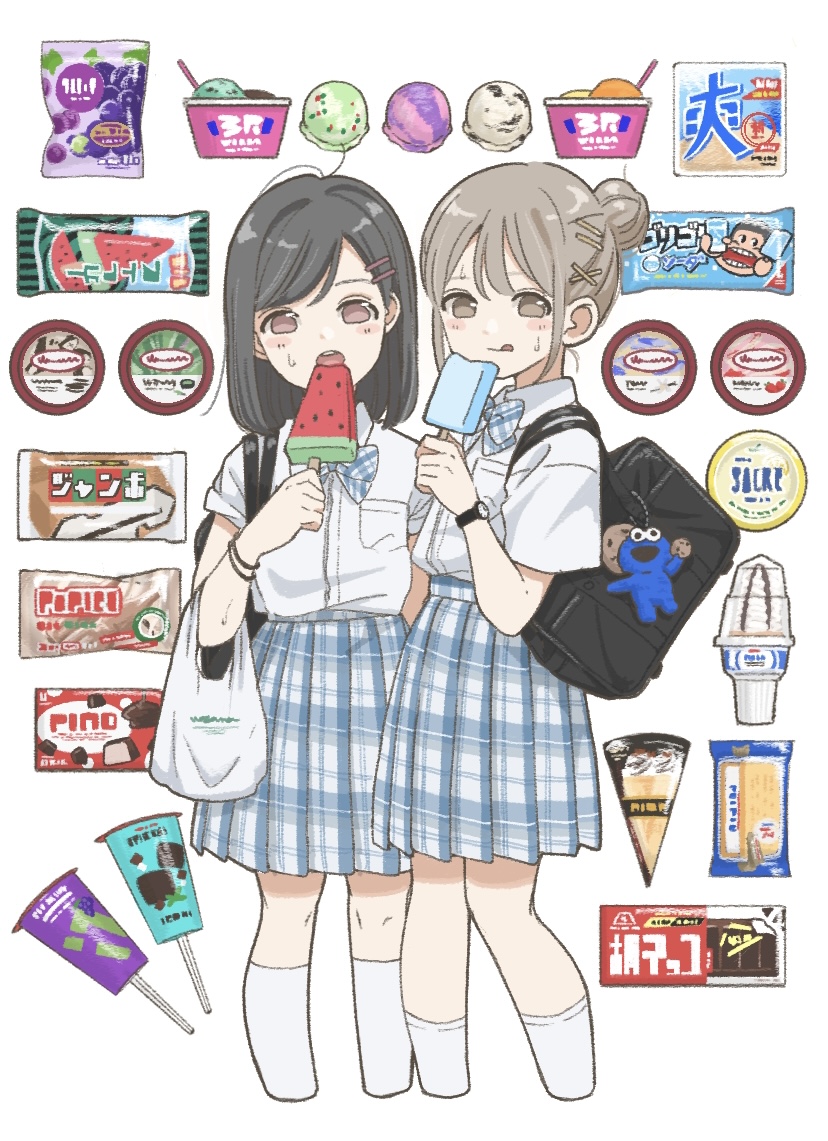 2girls bag bag_charm bangs black_bag black_hair blue_bow blue_bowtie blue_skirt bow bowtie bracelet candy carrying_bag character_doll charm_(object) chocolate chocolate_bar collared_shirt cookie_monster cropped_legs eating food grey_eyes grey_hair hair_bun hair_ornament hairpin holding holding_food holding_ice_cream ice_cream jewelry looking_at_viewer looking_to_the_side medium_hair mint_chocolate_chip monster multiple_girls multiple_hairpins original plaid plaid_bow plaid_bowtie plaid_skirt plastic_bag pocket popsicle product_placement school_bag school_uniform shirt short_sleeves simple_background single_hair_bun skirt socks sweat swept_bangs tongue tongue_out watch watch watermelon_bar white_background white_shirt white_socks x_hair_ornament yuum1709