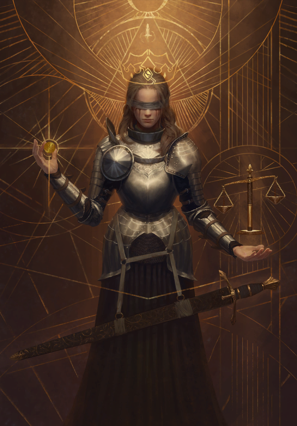 1girl armor blindfold breastplate brown_hair brown_skirt closed_eyes closed_mouth coin drawn_crown facing_viewer gold_coin gwent_(game) hair_slicked_back hand_up highres logo long_skirt non-web_source pauldrons scabbard sheath sheathed shoulder_armor skirt solo standing sword tears the_witcher_(series) weapon weighing_scale