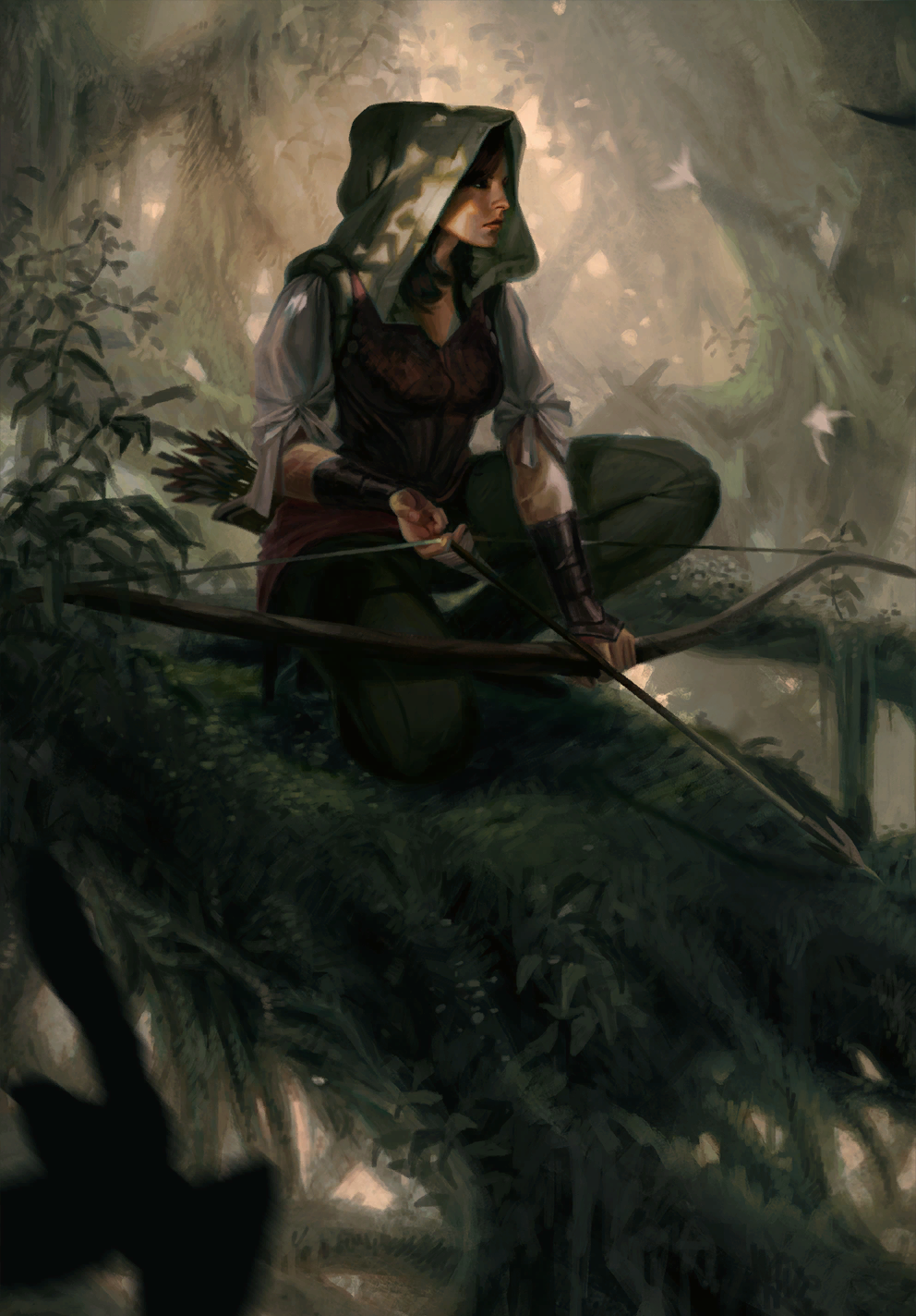 1girl arrow_(projectile) bow forest green_pants gwent_(game) highres holding holding_weapon hood milaen nature non-web_source pants realistic shade squatting the_witcher_(series) tree weapon