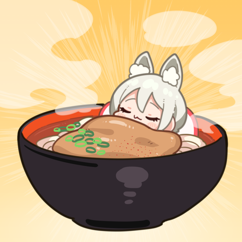 1girl animal_ears blush bowl chibi closed_eyes emphasis_lines fang fang_out food fox_ears idolmaster idolmaster_cinderella_girls in_food kemonomimi_mode noodles ramen shiomi_syuko skin_fang sleeping solo takato_kurosuke yellow_background