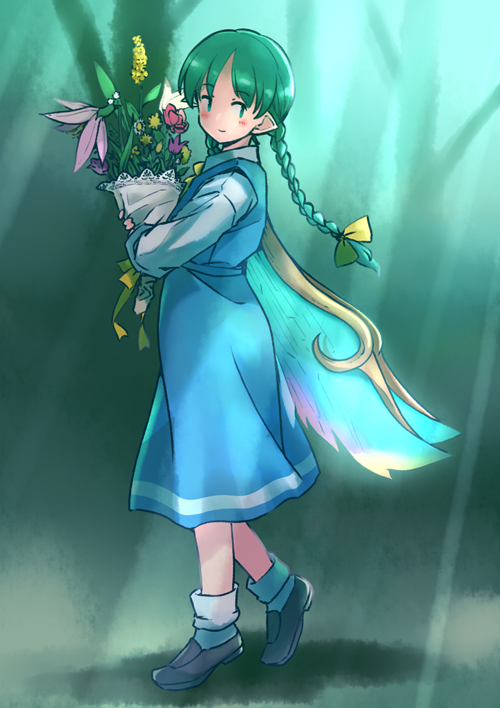 1girl alternate_hairstyle black_footwear blue_skirt blue_vest blush bouquet braid closed_mouth daiyousei fairy fairy_wings flower full_body green_eyes green_hair holding holding_bouquet long_hair long_sleeves purple_flower rangycrow red_flower shirt shoes skirt smile socks solo touhou twin_braids vest white_flower white_shirt white_socks wings yellow_flower