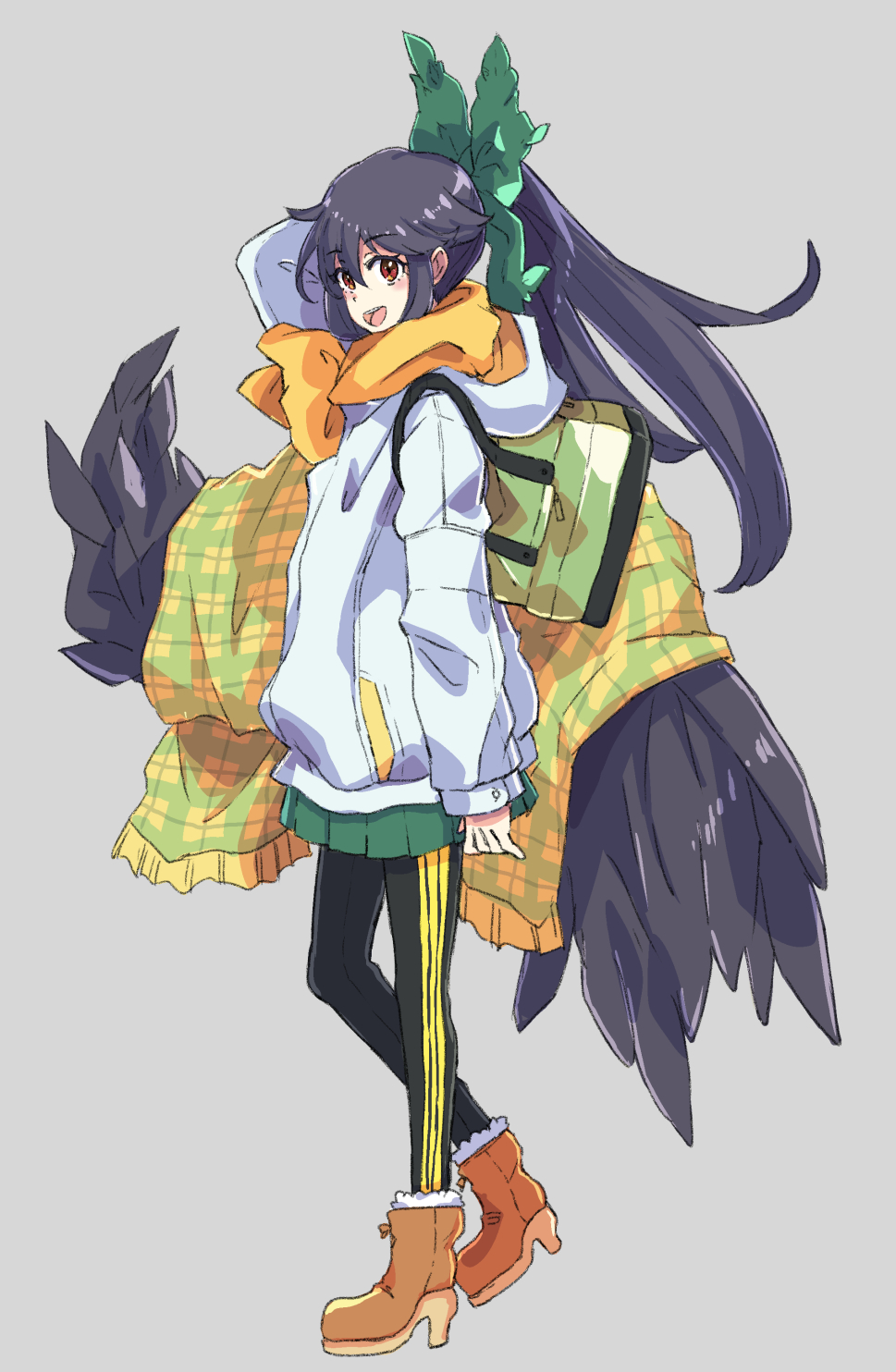 1girl :d adapted_costume bird_wings black_pants black_wings boots bow brown_footwear full_body green_bow green_skirt grey_background hair_bow high_heel_boots high_heels highres hood hoodie jack_(wkm74959) long_sleeves looking_at_viewer miniskirt one-hour_drawing_challenge open_mouth pants plaid ponytail red_eyes reiuji_utsuho simple_background skirt smile standing striped striped_pants touhou white_hoodie wings