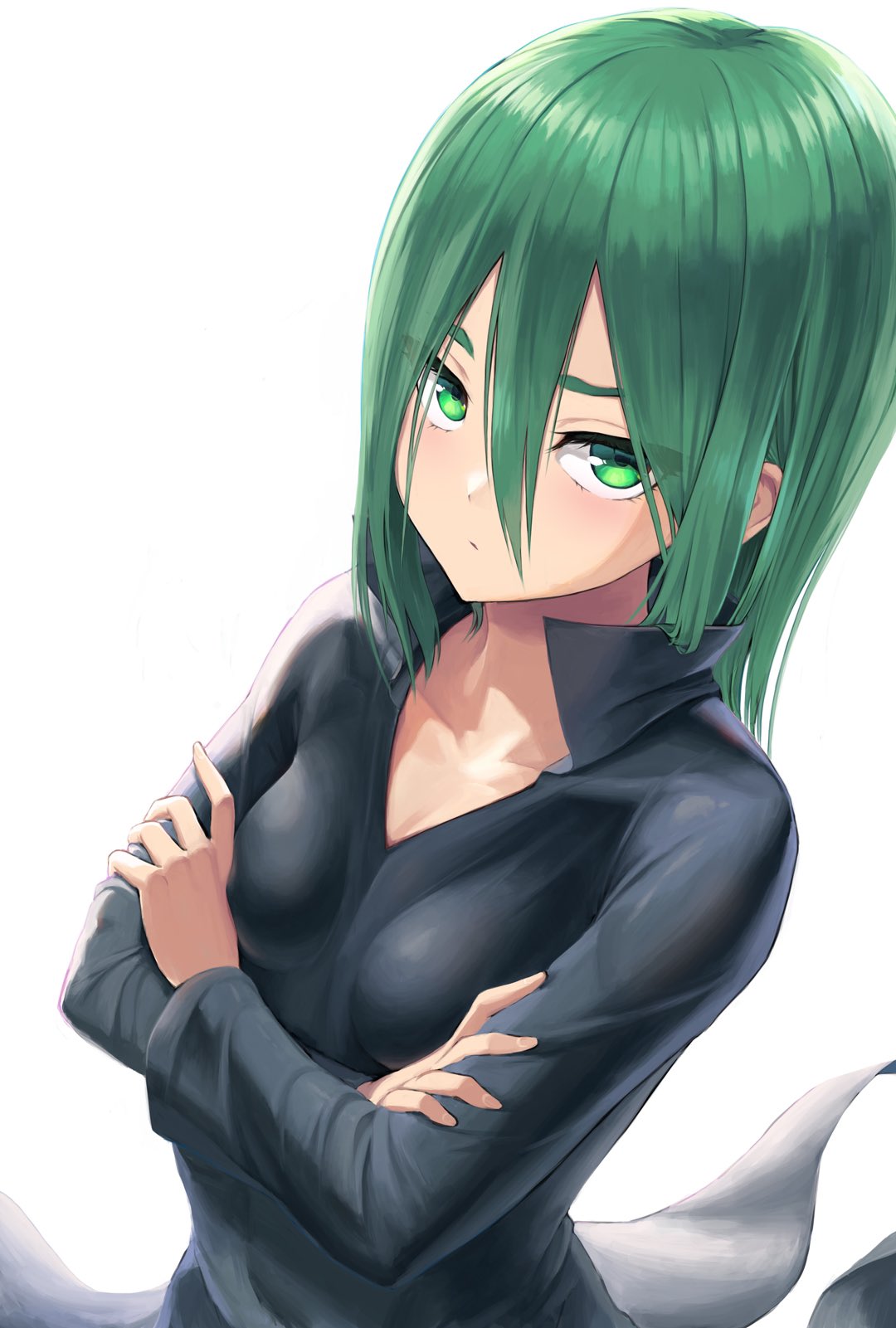 bangs black_dress breasts closed_mouth collared_dress dress eyelashes green_eyes green_hair highres long_sleeves one-punch_man psychic sai_(abyss05) short_hair small_breasts straight_hair tatsumaki upper_body white_background