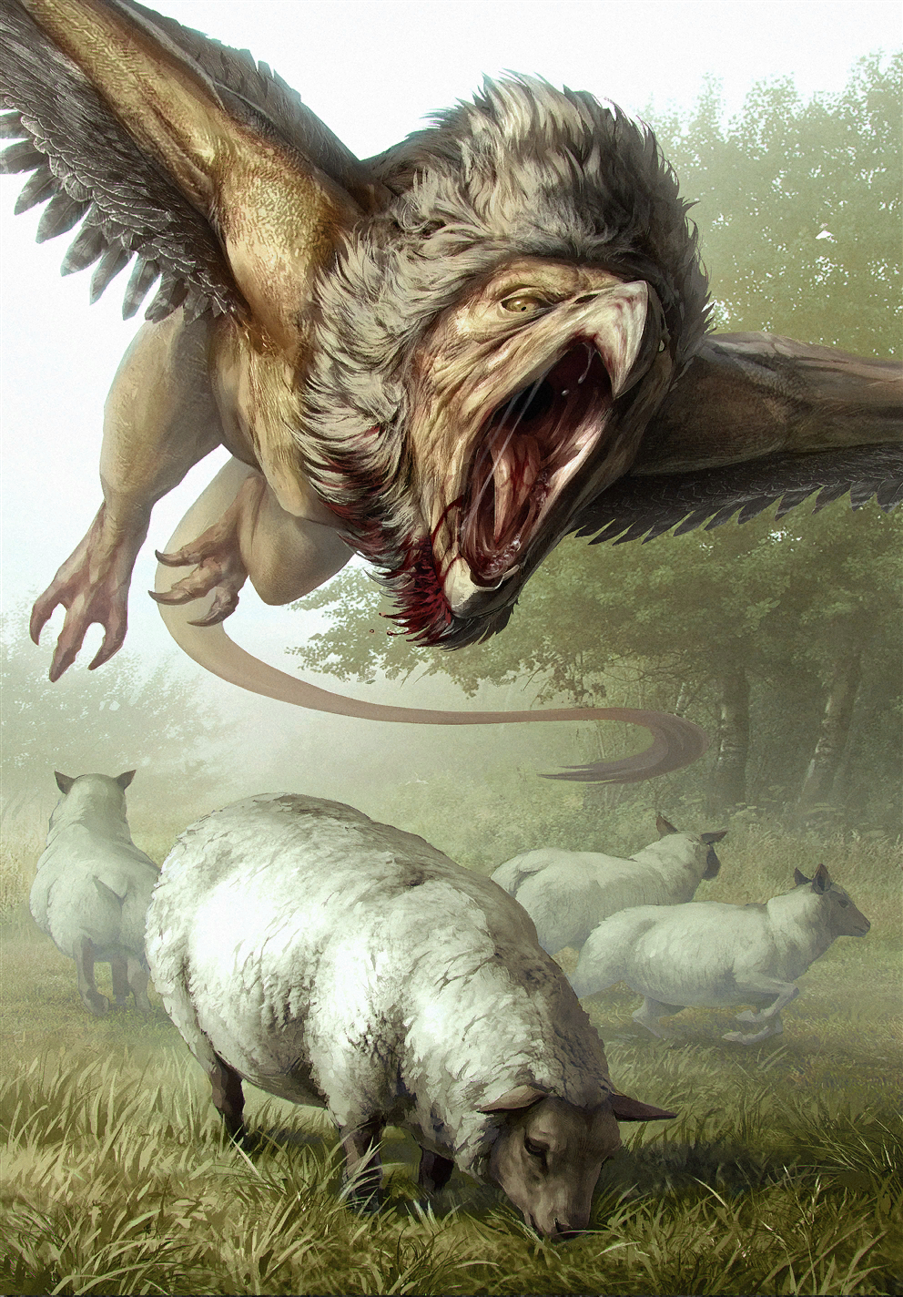 beak chimera flying grass griffin gwent_(game) highres meadow monster no_humans non-web_source on_grass realistic sheep tail the_witcher_(series) the_witcher_3 tree