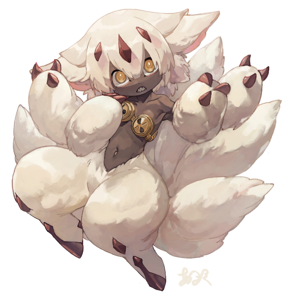 1girl abuku animal_ears body_fur claws faputa full_body hair_between_eyes horns looking_at_viewer made_in_abyss multiple_horns multiple_tails navel orange_eyes parted_lips red_horns sharp_teeth signature solo tail teeth white_background white_fur white_hair