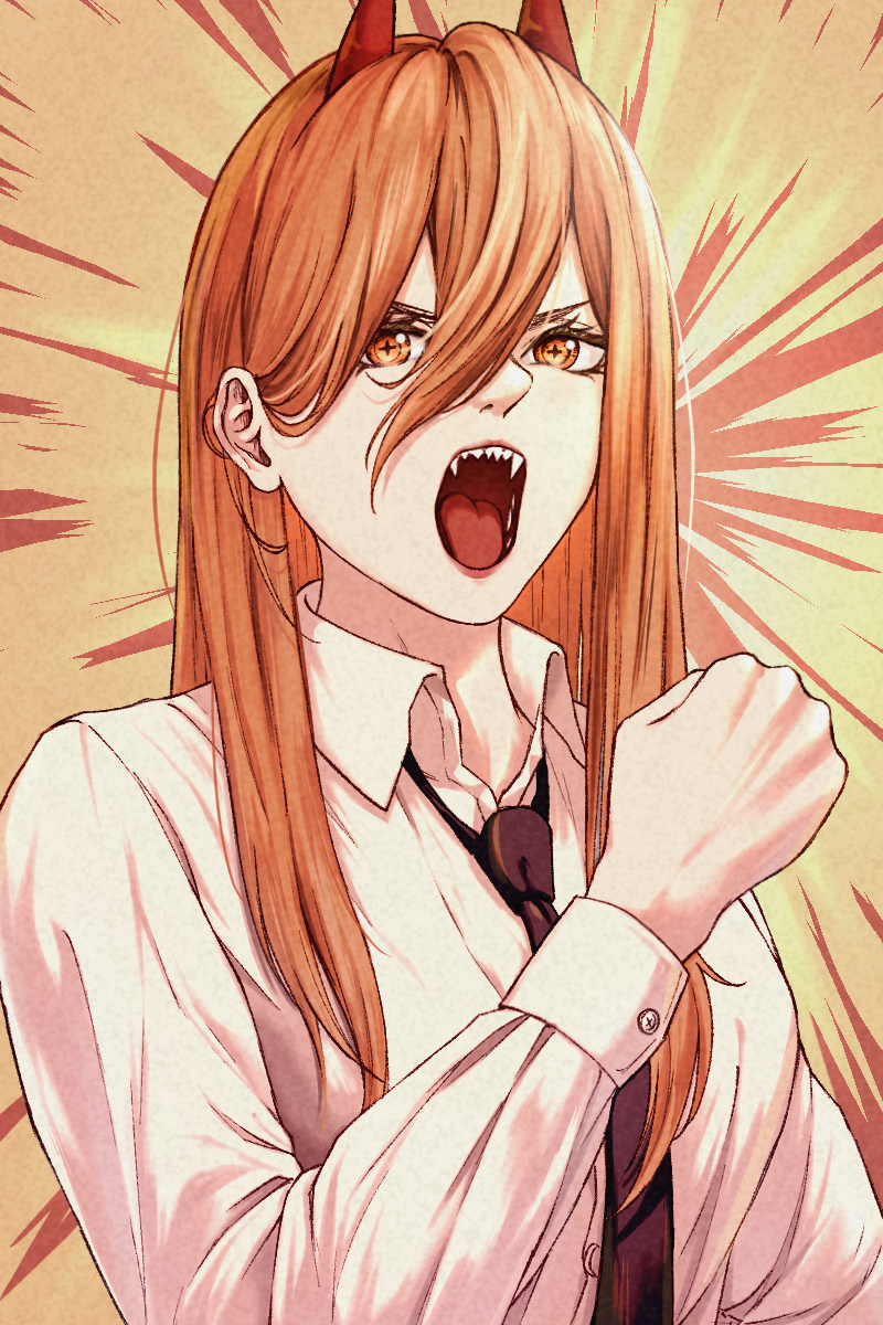1girl breasts brown_necktie chainsaw_man clenched_hand collared_shirt commentary_request cross-shaped_pupils eyelashes hair_between_eyes hand_up highres horns long_hair long_sleeves looking_at_viewer loose_necktie makadamin32 medium_breasts necktie open_mouth orange_background orange_hair power_(chainsaw_man) red_horns shadow sharp_teeth shiny shiny_hair shirt sidelocks solo symbol-shaped_pupils teeth tongue upper_body white_shirt