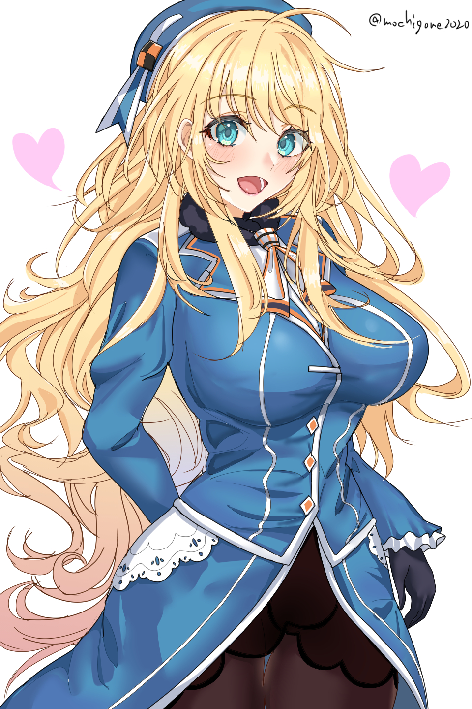 1girl atago_(kancolle) beret black_gloves black_skirt blonde_hair blue_headwear blue_jacket blue_skirt breasts cowboy_shot fur_collar gloves green_eyes hat heart highres jacket kantai_collection large_breasts long_hair long_sleeves military military_uniform mochigome2020 open_mouth pantyhose showgirl_skirt skirt smile solo twitter_username uniform white_background