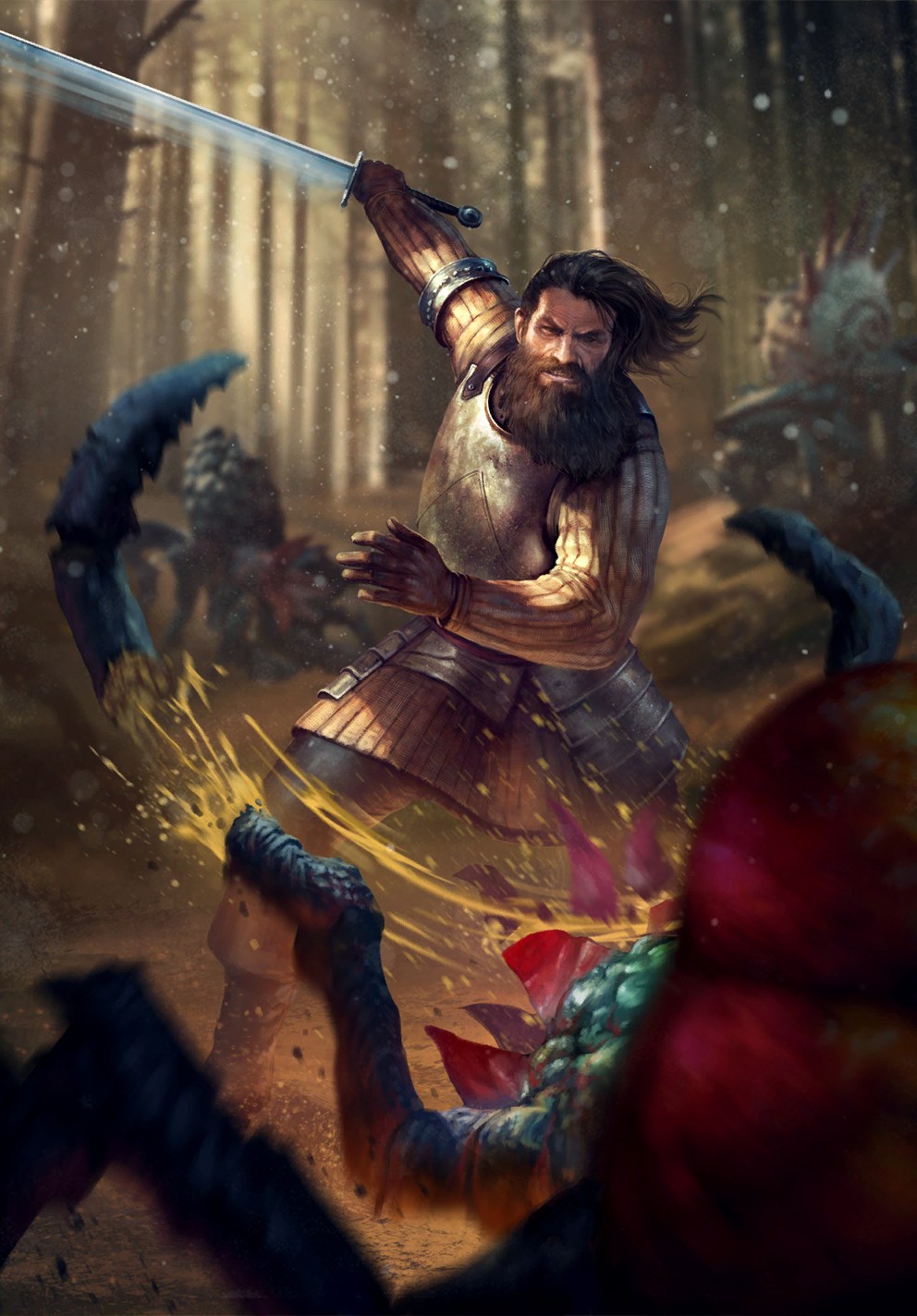 armor beard black_hair dwarf facial_hair falibor gwent_(game) highres holding holding_sword holding_weapon long_hair monster non-web_source realistic sword the_witcher_(series) the_witcher_3 weapon