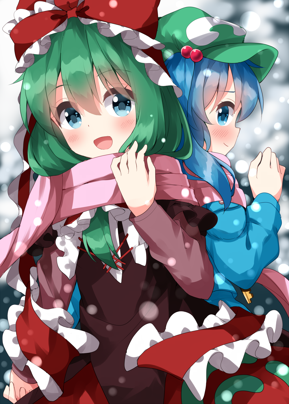 2girls blue_eyes blue_hair blue_jacket blurry blurry_background blush closed_mouth dress enpera flat_cap front_ponytail green_hair green_headwear hair_between_eyes happy hat highres holding_hands interlocked_fingers jacket kagiyama_hina kawashiro_nitori long_hair long_sleeves multiple_girls one-hour_drawing_challenge open_mouth outdoors pink_scarf red_dress ruu_(tksymkw) scarf shared_clothes shared_scarf smile snowing touhou upper_body