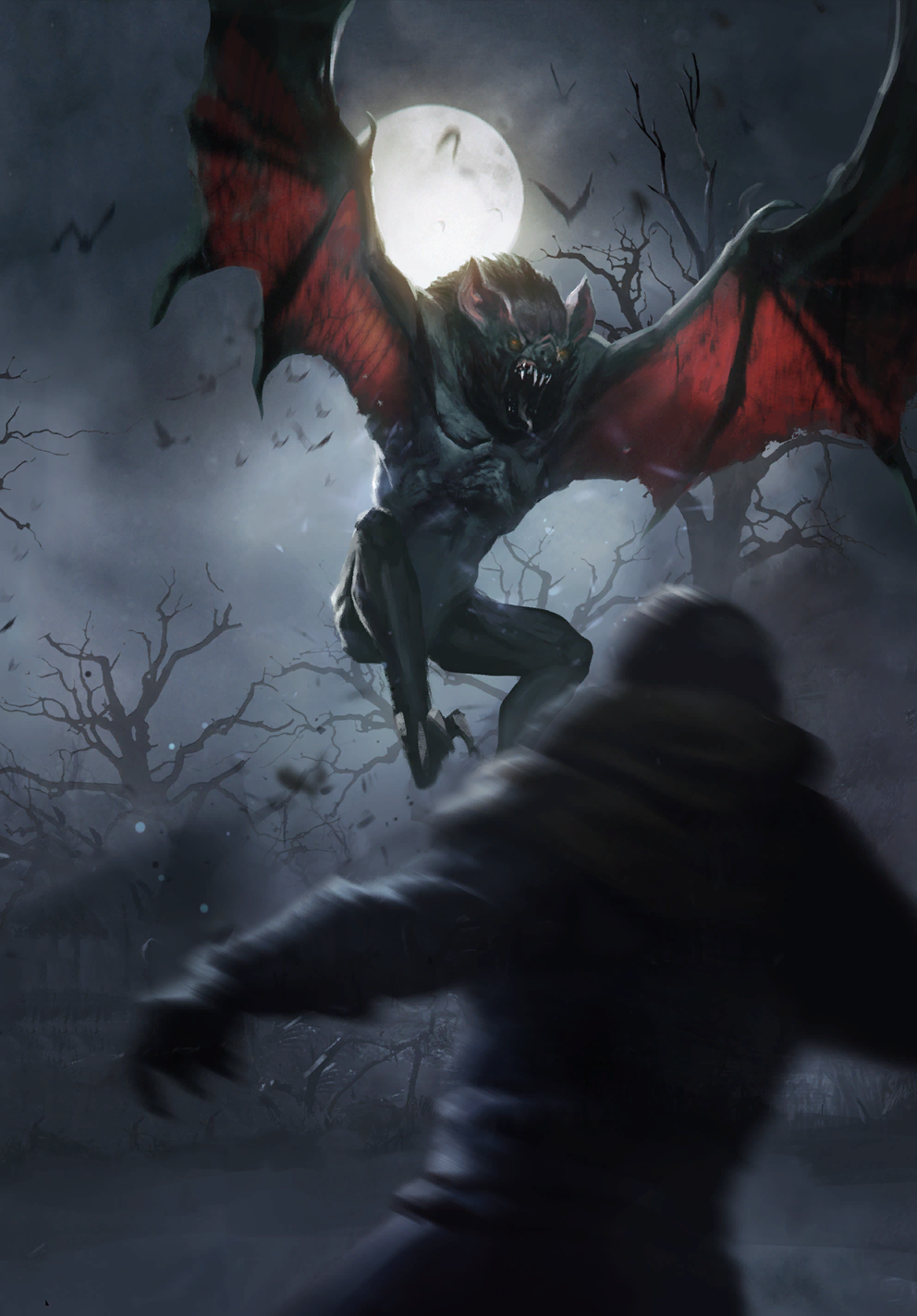 bat_(animal) bat_wings blurry blurry_foreground fangs full_moon gwent_(game) hairy highres monster moon night non-web_source regis the_witcher_(series) the_witcher_3 tree vampire wings