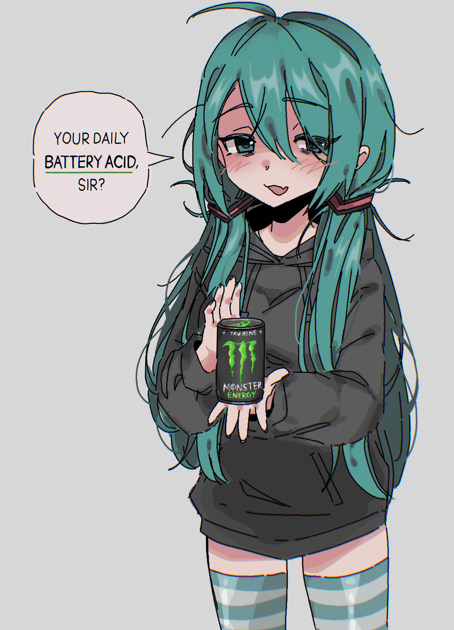 1girl :d ahoge alternate_hairstyle aqua_hair black_hoodie blush can drawstring english_text fang green_thighhighs grey_background half-closed_eyes hatsune_miku highres holding holding_can hood hood_down hoodie long_hair looking_at_viewer messy_hair monster_energy simple_background skin_fang smile snale solo speech_bubble striped striped_thighhighs thigh-highs twintails upper_body very_long_hair vocaloid white_thighhighs