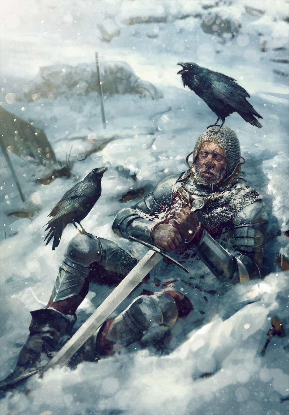 armor bird bird_wings crow death frost frostbite frozen gwent_(game) highres holding holding_sword holding_weapon lying non-web_source on_back on_ground snow sword the_witcher_(series) weapon wings