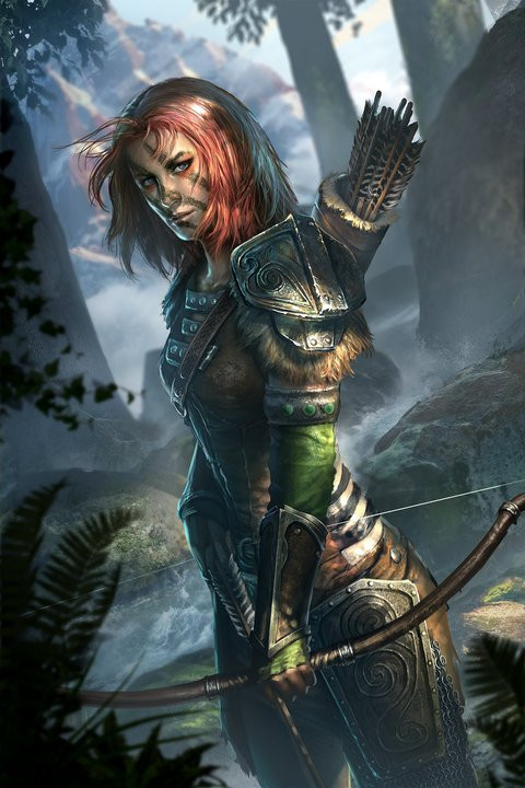 1girl aela_the_huntress armor bow_(weapon) facepaint fern pauldrons quiver redhead shoulder_armor the_elder_scrolls the_elder_scrolls_v:_skyrim tree weapon