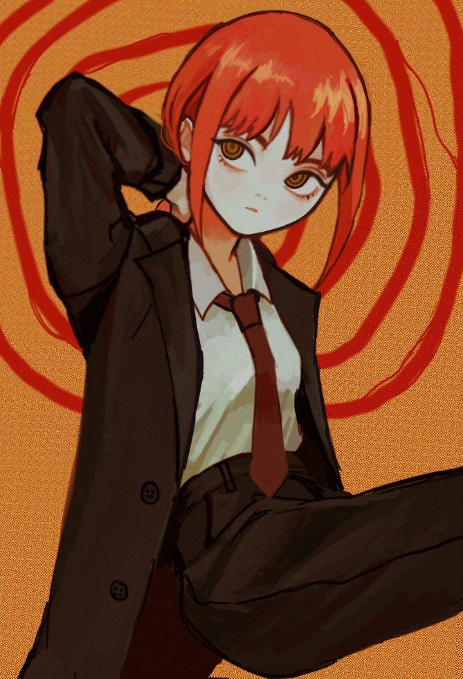1girl arm_behind_head bangs black_coat black_pants brown_eyes brown_necktie chainsaw_man coat collared_shirt formal io_(onisarashi) looking_to_the_side looking_up makima_(chainsaw_man) medium_hair necktie pants redhead ringed_eyes shirt shirt_tucked_in sidelocks simple_background solo spiral suit white_shirt yellow_background