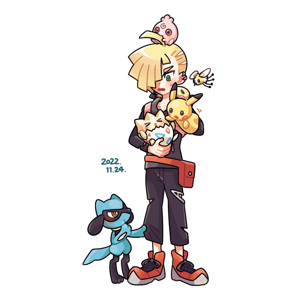 1boy ahoge bangs black_pants blonde_hair commentary_request cutiefly daifuku_(pokefuka_art) dated ear_piercing gladion_(pokemon) green_eyes hair_over_one_eye hand_puppet holding holding_pokemon igglybuff male_focus on_head open_mouth orange_footwear pants piercing pikachu pokemon pokemon_(creature) pokemon_(game) pokemon_on_head pokemon_sm puppet riolu shoes short_hair simple_background standing sweatdrop togepi torn_clothes torn_pants white_background