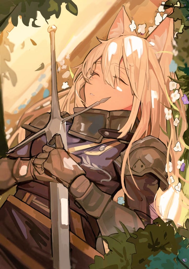 1girl animal_ear_fluff animal_ears armor bangs blonde_hair breastplate claymore_(sword) closed_eyes commentary_request flower gauntlets guodong hair_between_eyes holding holding_sword holding_weapon knight long_bangs long_hair lying on_back original outdoors parted_lips shoulder_armor sleeping solo sword tree upper_body weapon white_flower white_hair