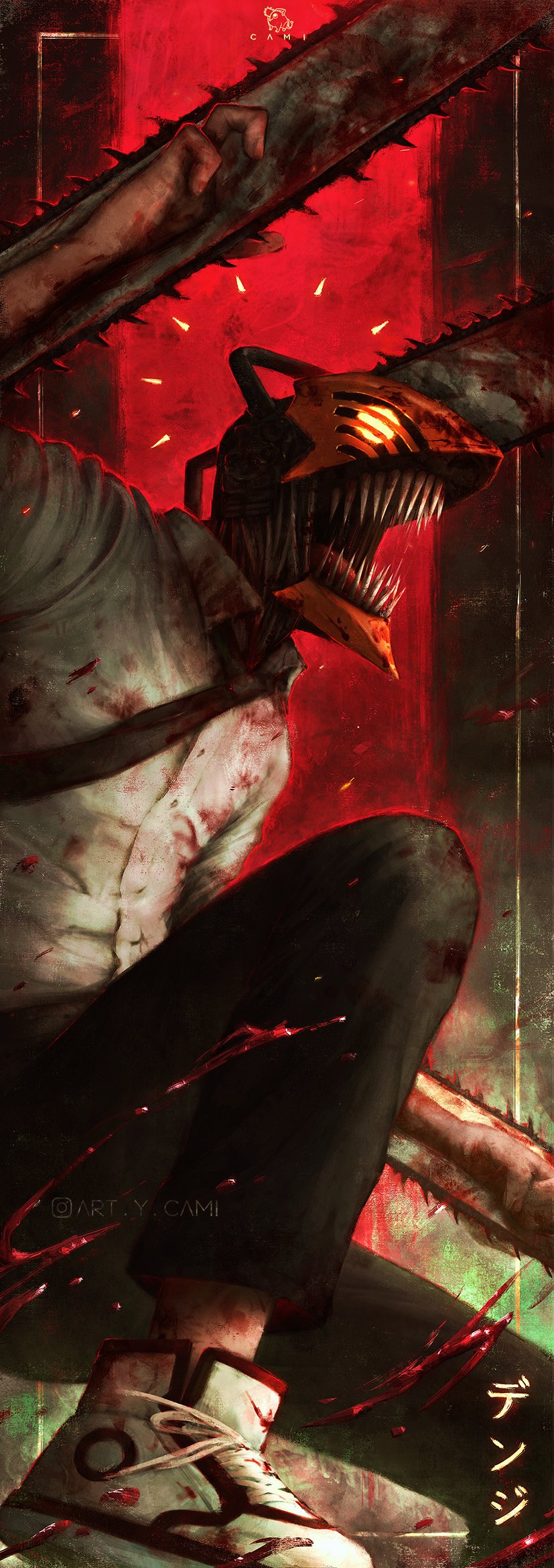 1boy artcami black_necktie black_pants blood blood_on_clothes blood_on_weapon blood_splatter chainsaw chainsaw_man collared_shirt denji_(chainsaw_man) emphasis_lines facing_up highres hybrid necktie open_mouth pants red_theme sharp_teeth shirt shirt_tucked_in solo teeth weapon white_shirt