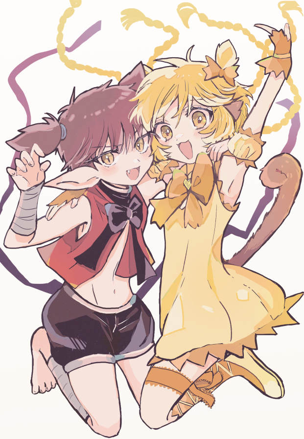 1boy 1girl animal_ears barefoot black_bow black_shorts blonde_hair bow braid brown_hair choker detached_sleeves fang fong_pudding full_body gloves magical_girl maid maid_headdress mew_pudding midriff monkey_ears monkey_girl monkey_tail nuka_(nukamochi) open_mouth pointy_ears puffy_detached_sleeves puffy_sleeves short_hair short_twintails shorts simple_background tail tart_(tokyo_mew_mew) tokyo_mew_mew twintails white_background yellow_eyes