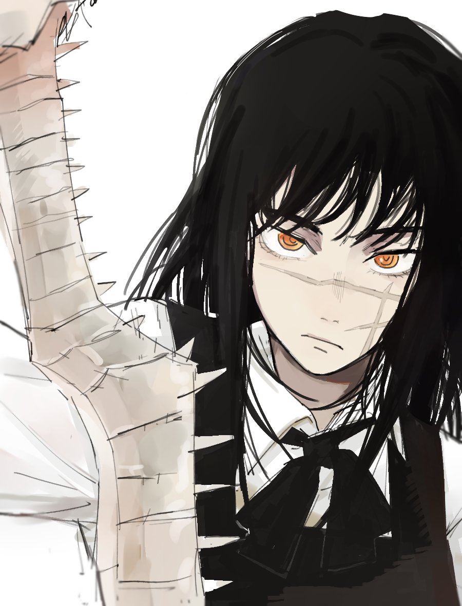 1girl bangs black_hair black_ribbon chainsaw_man cross_scar dress holding holding_sword holding_weapon long_hair looking_at_viewer pinafore_dress ribbon ringed_eyes scar scar_on_cheek scar_on_face sealc4nfly simple_background solo spine sword weapon white_background yoru_(chainsaw_man)