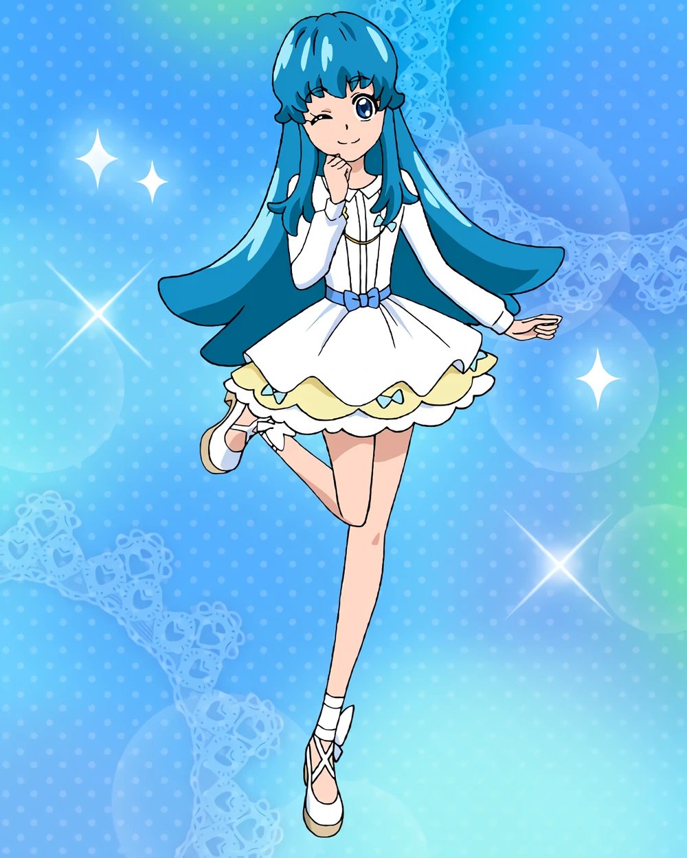 1girl bangs belt blue_eyes blue_hair dress full_body happinesscharge_precure! highres long_hair long_sleeves official_art one_eye_closed precure precure_connection_puzzlun shirayuki_hime sidelocks smile solo standing standing_on_one_leg third-party_source white_dress white_footwear
