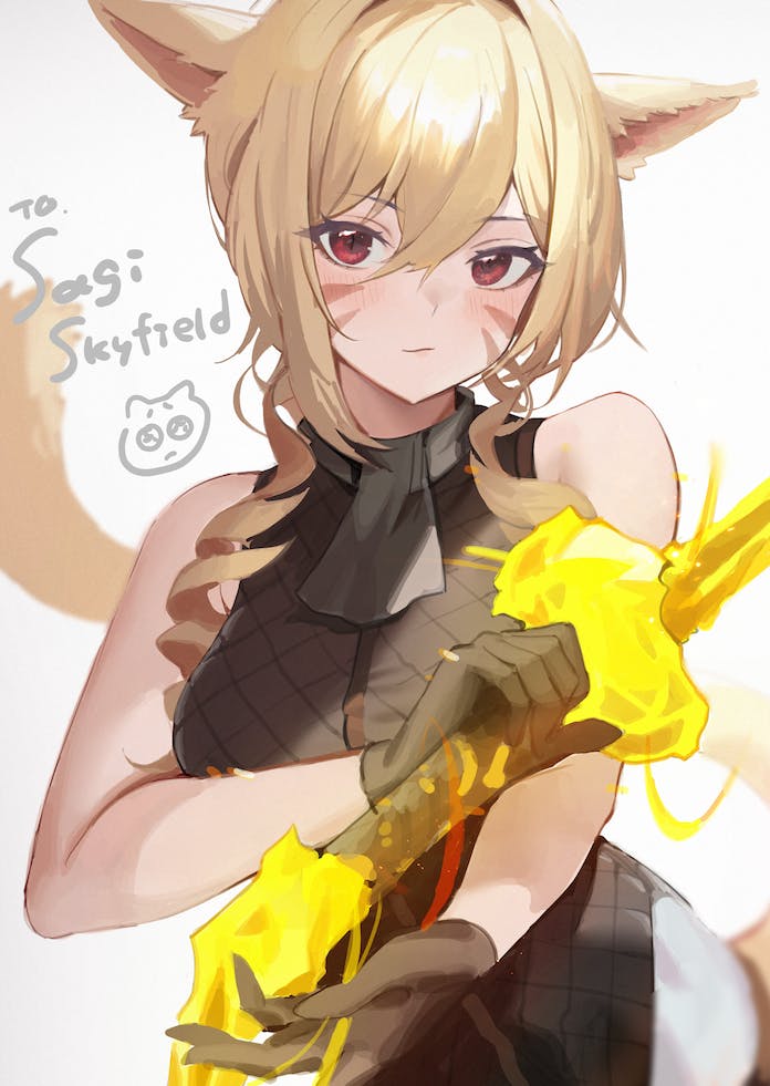 1girl animal_ears ascot bad_link bangs black_ascot black_gloves black_shirt blonde_hair breasts cat_ears cat_girl cat_tail commission cyobiro drill_locks facial_mark final_fantasy final_fantasy_xiv gloves hair_between_eyes holding holding_weapon large_breasts looking_at_viewer medium_hair miqo'te red_eyes shirt sidelocks signature skeb_commission solo tail weapon whisker_markings white_background