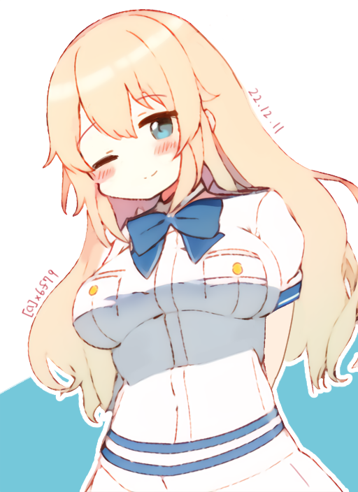 1girl aoki_hagane_no_arpeggio arms_behind_back atago_(kancolle) blonde_hair blue_bow blue_bowtie blue_eyes bow bowtie breast_pocket breasts cosplay kantai_collection large_breasts long_hair looking_at_viewer military military_uniform naval_uniform one-hour_drawing_challenge one_eye_closed pocket school_uniform shirt simple_background skirt smile solo uniform white_background white_shirt white_skirt x6f
