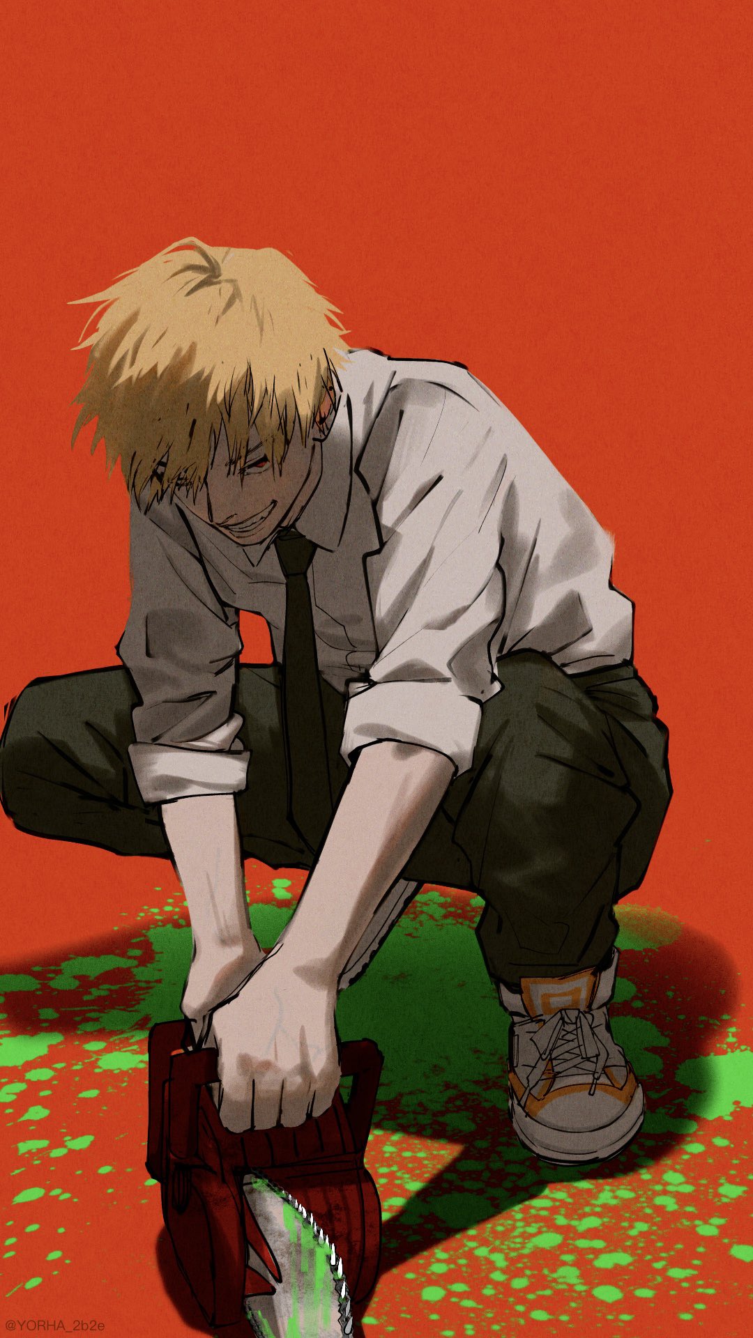 1boy black_necktie black_pants blonde_hair chainsaw chainsaw_man collared_shirt commentary_request denji_(chainsaw_man) dress_shirt full_body head_down highres holding holding_chainsaw long_sleeves male_focus necktie pants red_background red_eyes sharp_teeth shirt shirt_tucked_in shoes short_hair sitting sleeves_rolled_up smile sneakers solo squatting teeth white_shirt yorha_2b2e