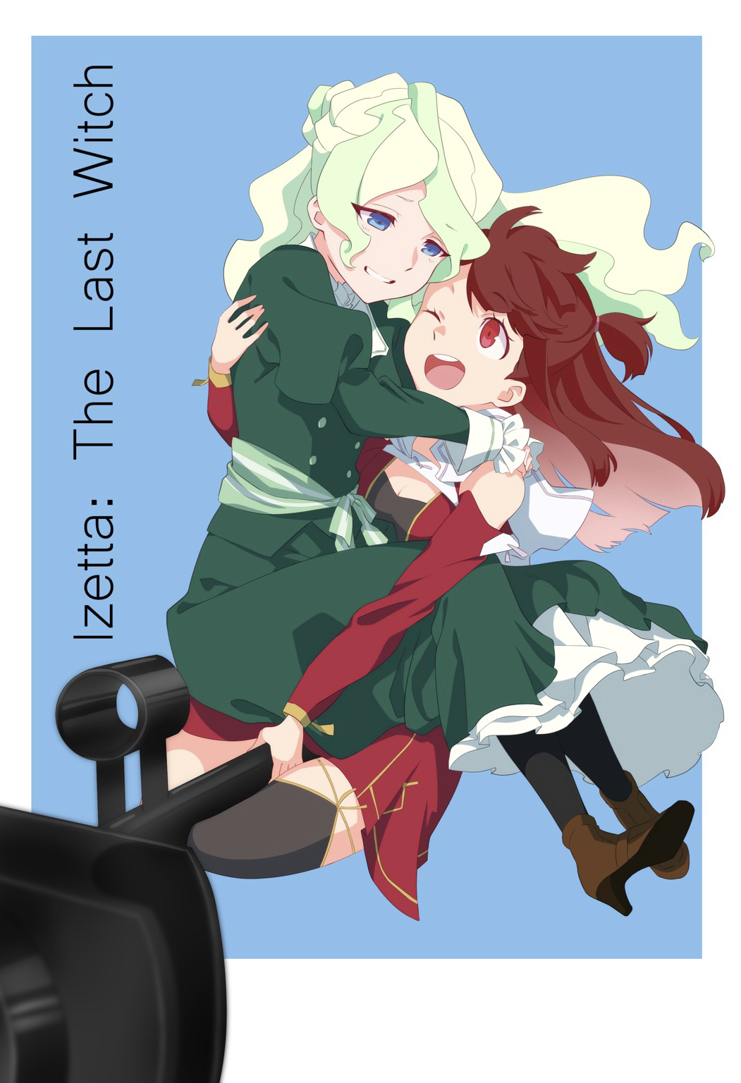 2girls ;d alternate_costume blue_eyes brown_hair cosplay dress green_dress green_hair high_heels highres hug izetta izetta_(cosplay) light_green_hair little_witch_academia long_dress looking_at_another medium_hair mochirou_(giri_choco_inverse) multicolored_hair multiple_girls one_eye_closed open_mouth ortfine_fredericka_von_eylstadt ortfine_fredericka_von_eylstadt_(cosplay) pantyhose red_dress red_eyes riding side_ponytail smile thigh-highs two-tone_hair